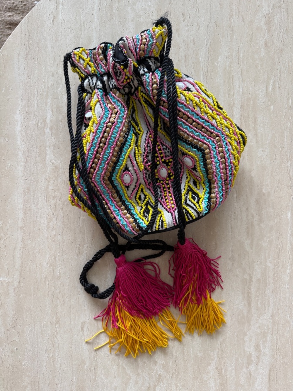 Colorful Beaded Drawstring Mini Bag with Tassels